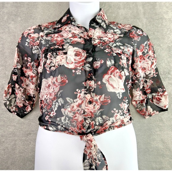 Heart‎ Soul Sheer Blouse Women's M Black Floral Cropped Button Up Tie Waist Boho - Picture 1 of 14